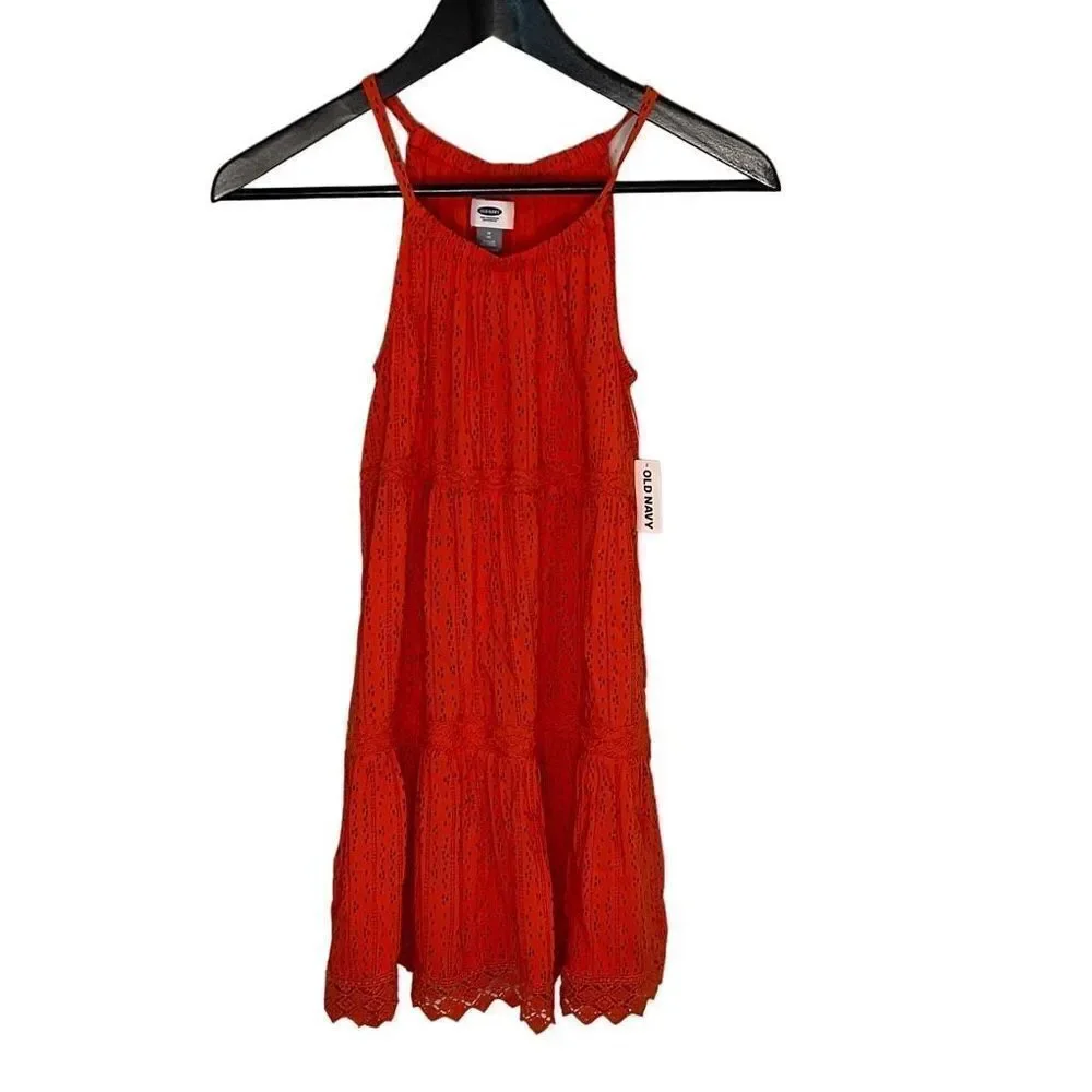 Old Navy Sleeveless Dress Polka Striped Print Midi Lace Orange Girls Medium 8‎